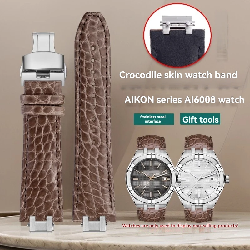 For MAURICE LACROIX AIKON Series AI6008 AI6058  AI6007 Watch Strap Bracelet Crocodile Lea-ther Genuine Alligator Watchband Brown