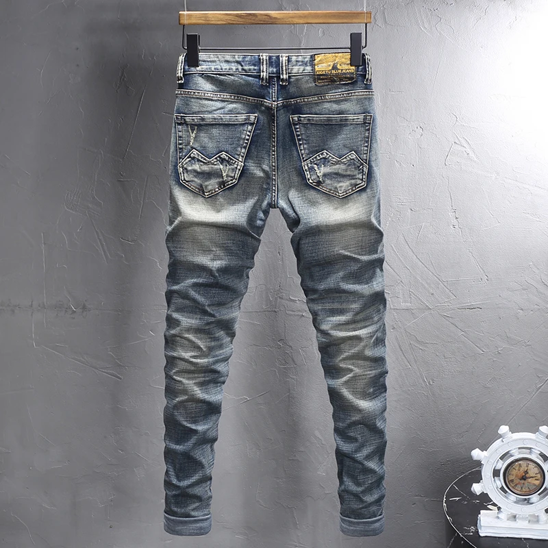 Y2K Fashion Designer Men Jeans High Quality Retro Washed Blue Stretch Slim Fit Ripped Jeans Men Embroidery Vintage Denim Pants