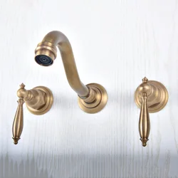 Retro Vintage Antique Brass Two Handle Wall Mount 3 Hole Widespread Bathroom Lavatory Vessel Basin Faucet Sink Mixer Tap dsf511