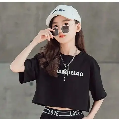 2025 summer Kids tracksuit Children Girls Clothes letter crop top T-Shirt + wide leg Pants Suit Teenager 6 7 8 to 10 11 12 year