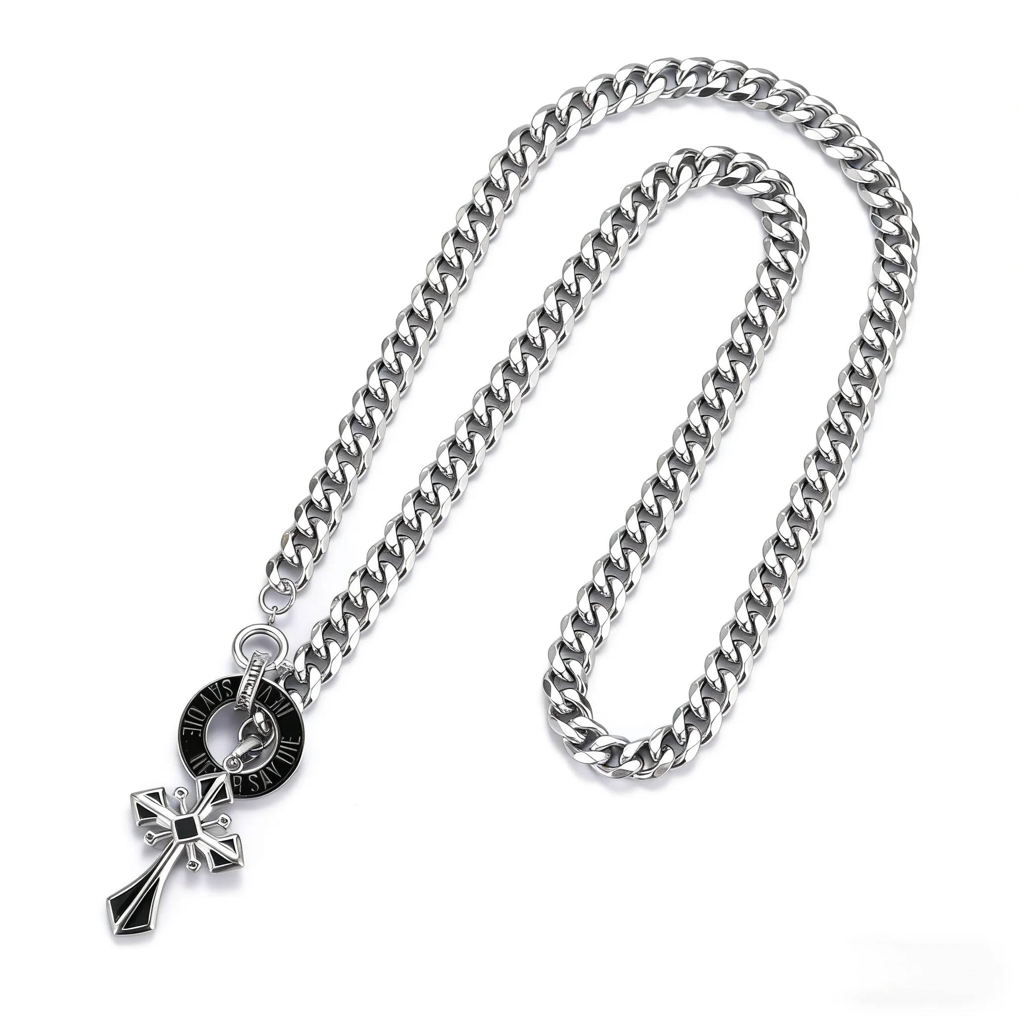 

Unisex Titanium Steel Cross Pendant Necklace Cuban Chain Gothic Punk Long Necklace for Men Women