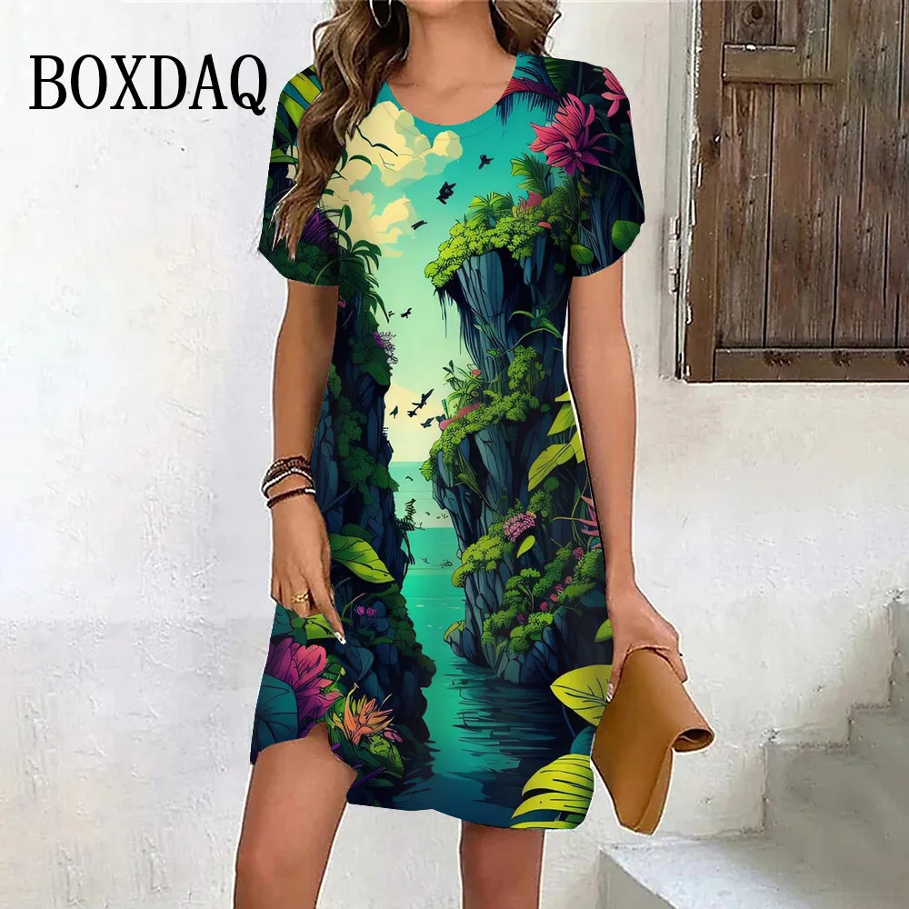 Cartoon Pattern Print Dress Women Casual Cute A-Line Party Clothes Summer Fashion Short Sleeve Kawaii Dress Lady Oversized Dress