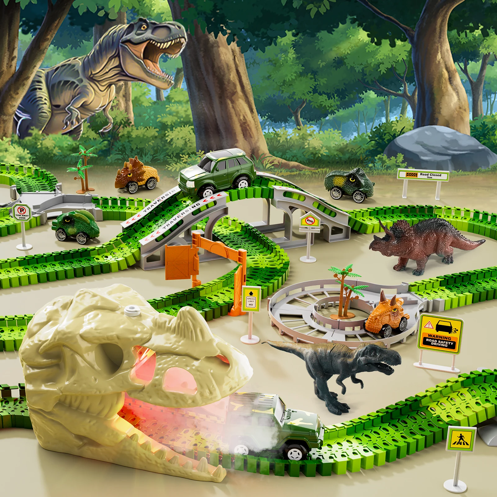 249 PCS Dinosaur Skeleton Rail Car Toys with Sound & Light, Dinosaur Race Car Tracks Diy Engineering for Children as Gifts