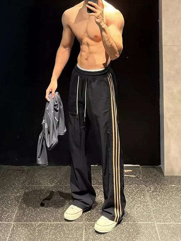 

Мужские спортивные брюки American Sle Qui Dry, весенне-летние, из ледяного шелка, тонкие, прямого кроя, повседневные, в полоску