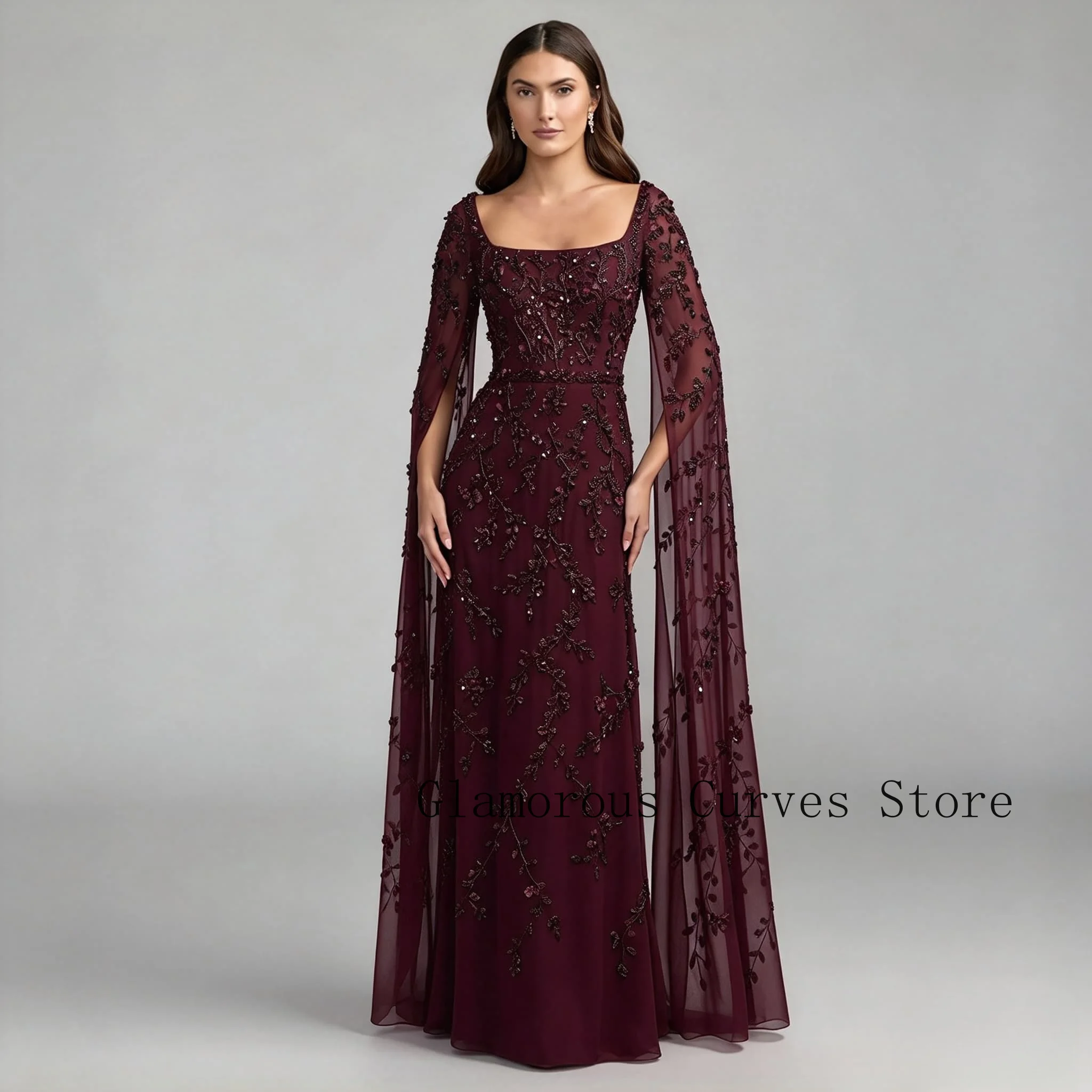 Customized Wine Red A Line Tulle Evening Dress Floral Beaded Applique Square Neck Cape Sleeve Formal Wedding Guest Party Dresses