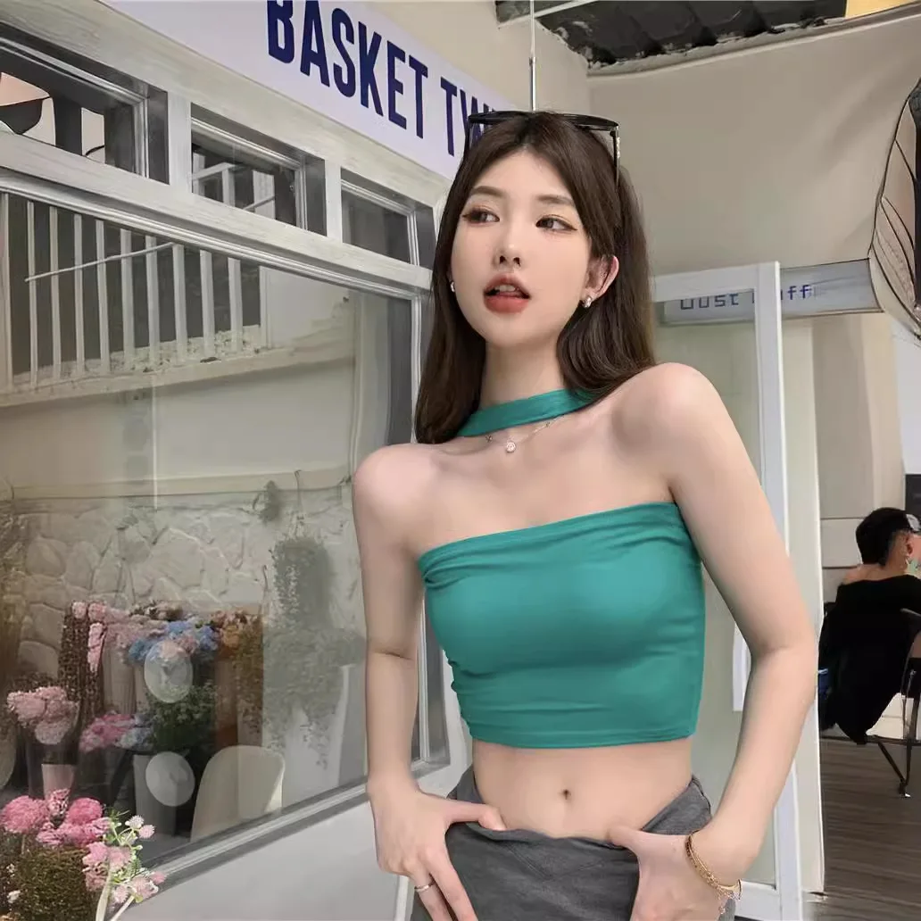 

Spicy Girl Style Sexy Strapless Women's Neck Hanging Knitted Camisole Vest T-shirt High Temperament Top Youth Elegant Green