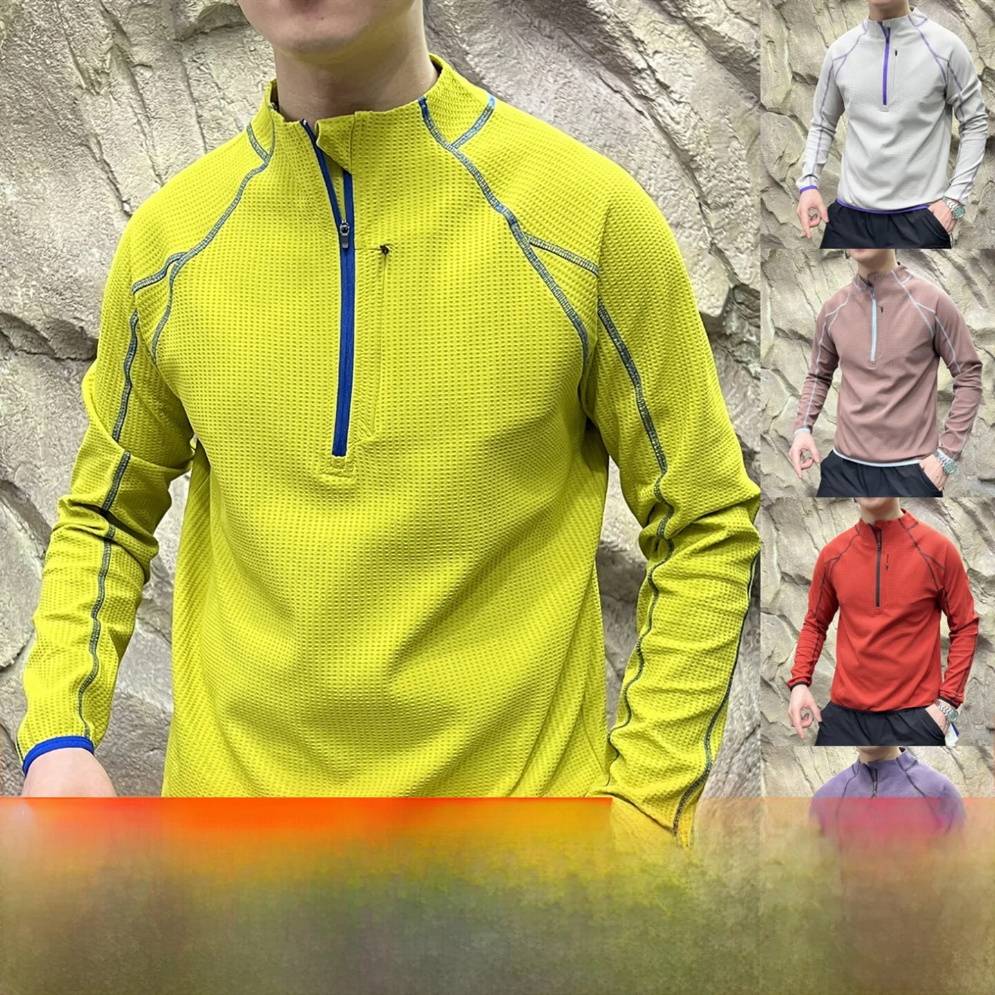 Rhythm Stitch 3D Cut Long Sleeve T-Shirt Couple Base Shirt Commute Sweatshirt Half Zip Line Design Standard Fit Polyester Fiber