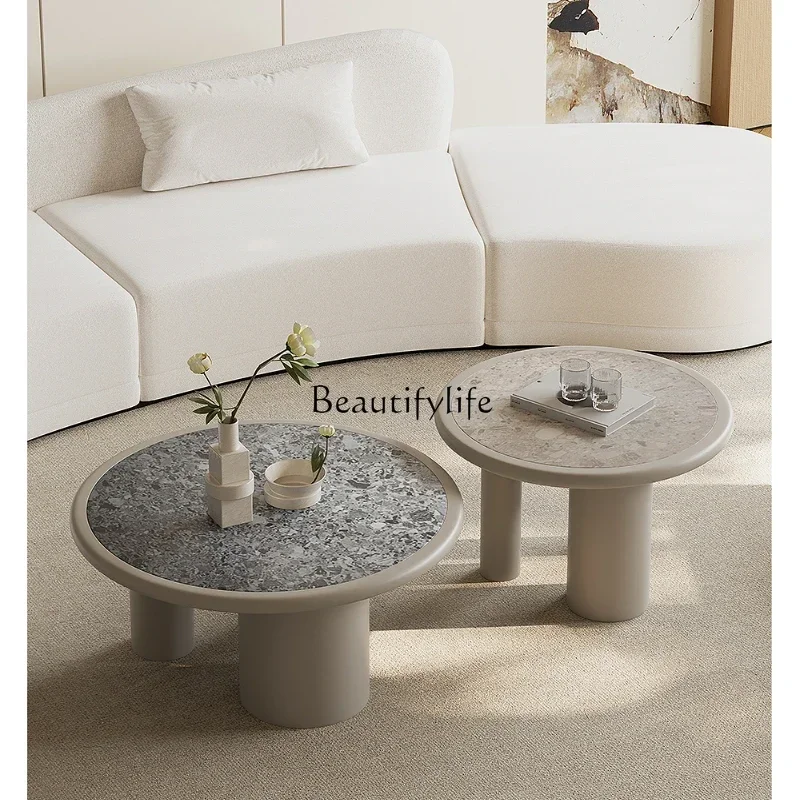 Wabi sand wind coffee table combination round art solid wood baking paint living room terrazzo high-end