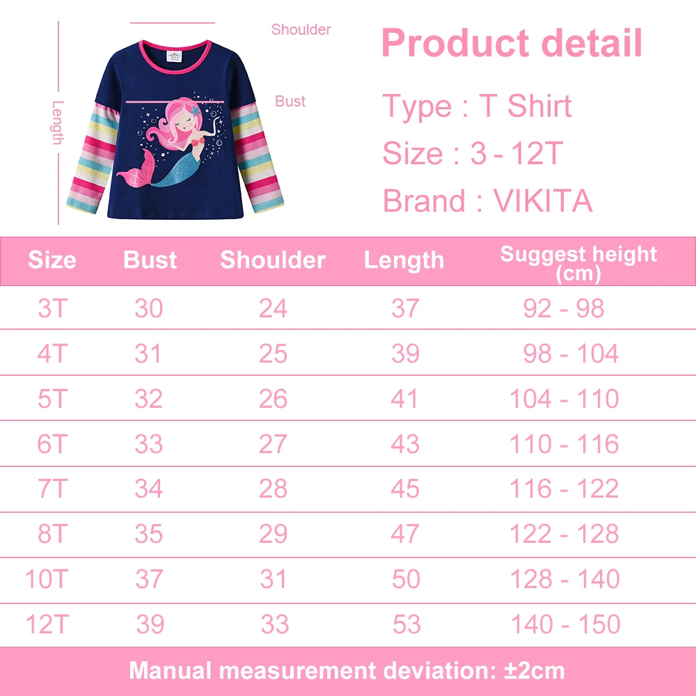 VIKITA Mädchen Langarm Baumwolle Casual Tops und T-Shirts Kleinkinder Meerjungfrau Cartoon Print Marineblau Frühling Herbst Täglich Niedliche Kleidung – Detail 1