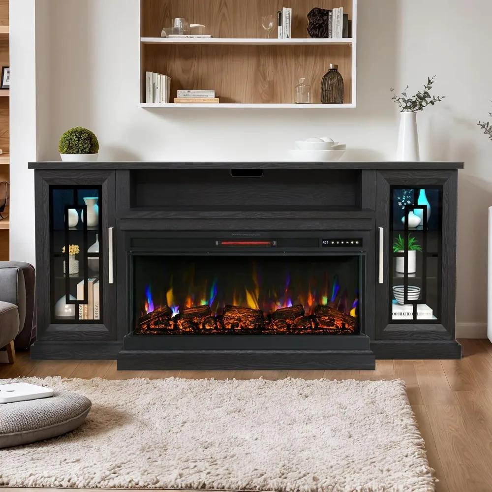 Suporte de TV com lareira elétrica de 75 polegadas, mesa console para TVs de até 80/85 polegadas, centro de entretenimento de mídia moderno LED de vidro de 3 lados