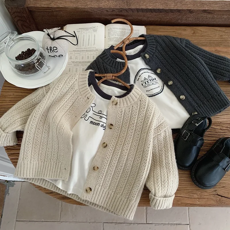 Kids Solid Color Knit Coat 2024 Autumn New Boys Sweater Girls Soft Loose Cardigan Tops