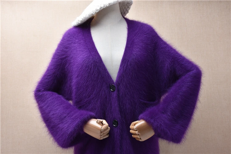 Women Mujer Autumn Winter Purple Hairy Mink Cashmere Knitted V-Neck Long Lantern Sleeves Loose Long Sweater Cardigans Jacket Top