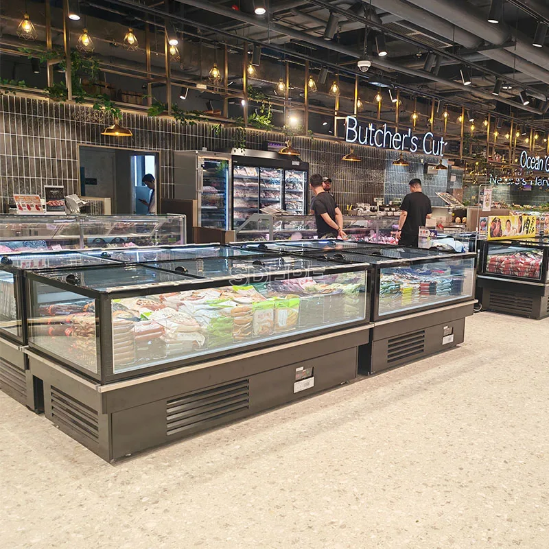 Aangepaste Factory Outlet Display Koeling Supermarkt Glazen Schuifdeur Display Eilandvriezer Commercieel Systeem