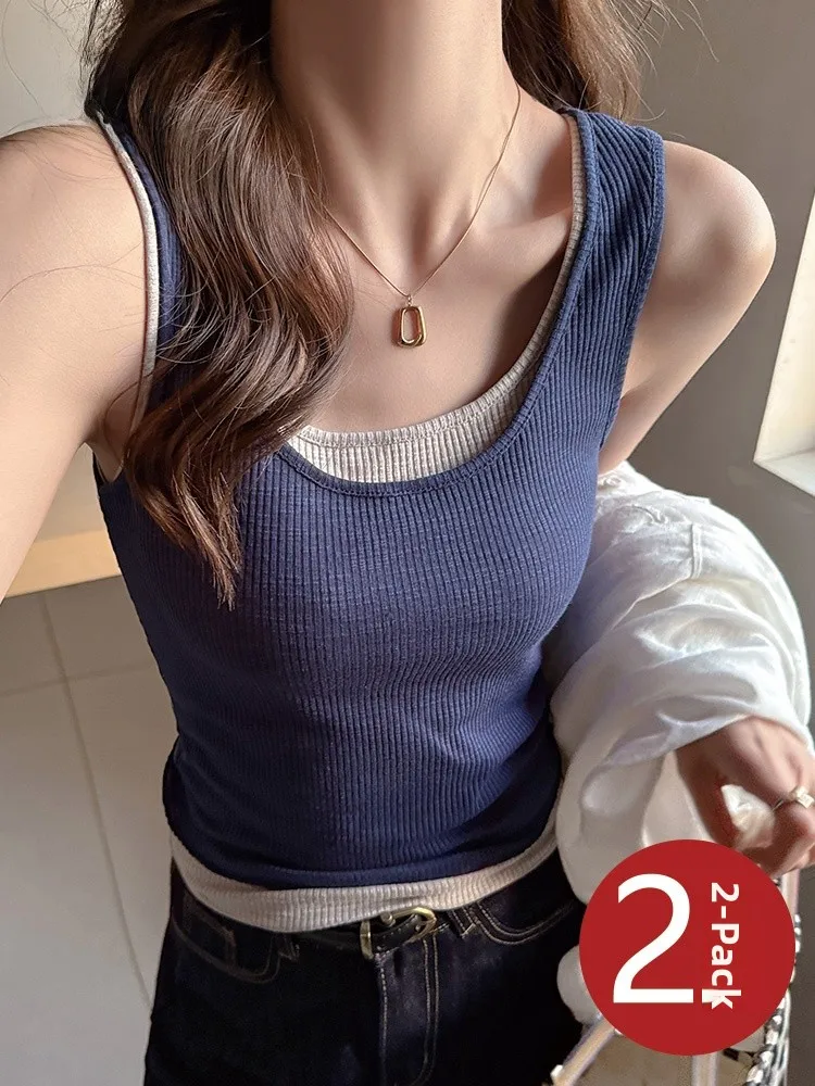 

Lady 2026 Spring Summer New Sle Fake Two-Piece Strap Vest Top Women's Svel Outerwear Base Layer Tank Top