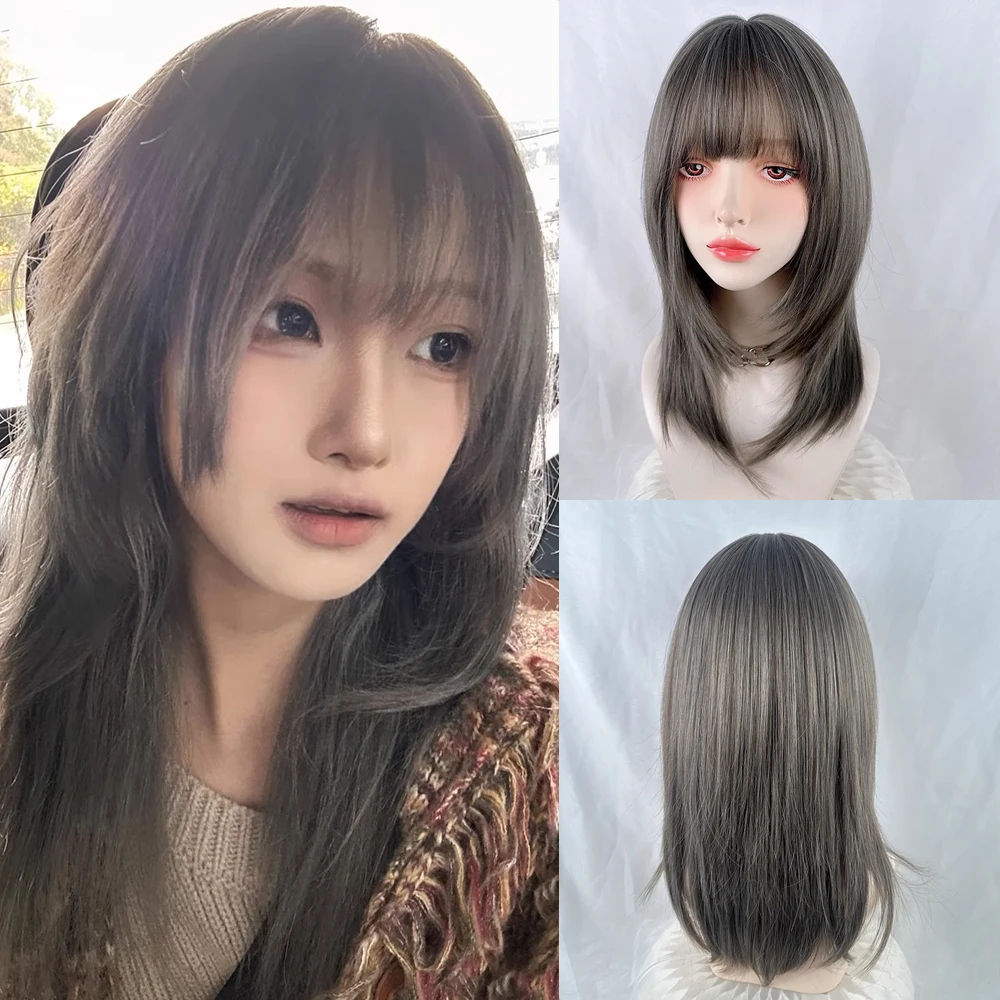 Peluca gris recta corta sintética para mujer, Cosplay de Lolita, peluca esponjosa con flequillo resistente al calor para fiesta diaria