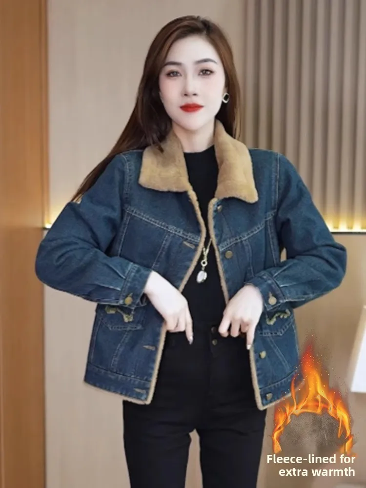 

Women's Fce Lined Thiened Denim ort Coat Spring 2025 Faion Cotton Wear Small Size Fur Collar Top Casual Loose Fit