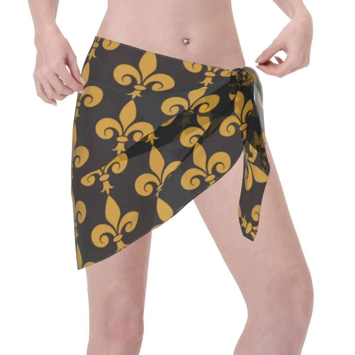 Custom Fleur-de-lis Flower Symbol Beach Bikini Cover Up See-Through Beach Bikini Cover Up Short Skirt Chiffon Scarf Cover Ups