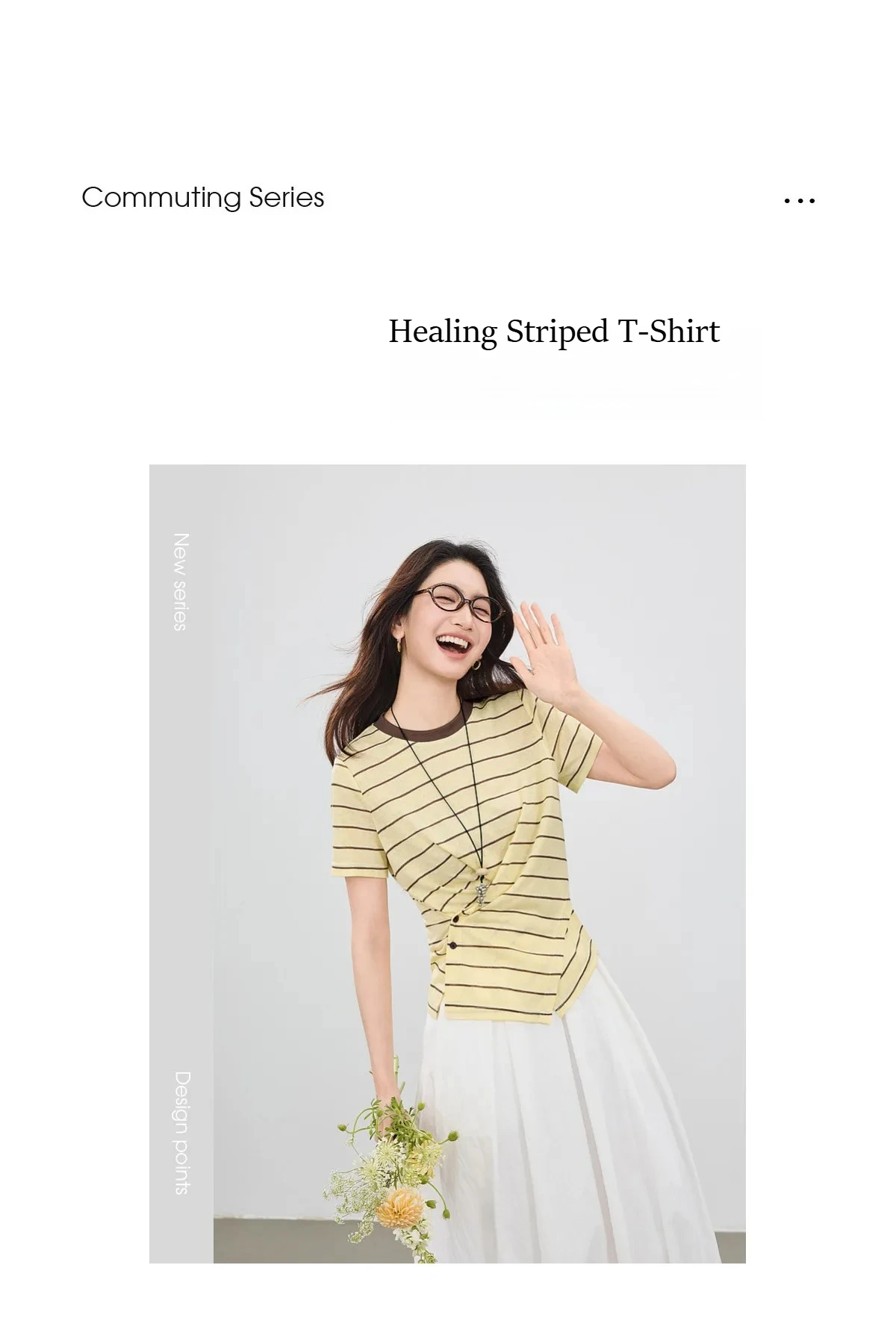 SENTUBILA Damen-Strickoberteil mit Rundhalsausschnitt und Kontraststreifen, Sommermode 2026, kurzärmeliges T-Shirt mit Twist-Front-Schlitz und Knöpfen Q62TC7208 – Detail 3