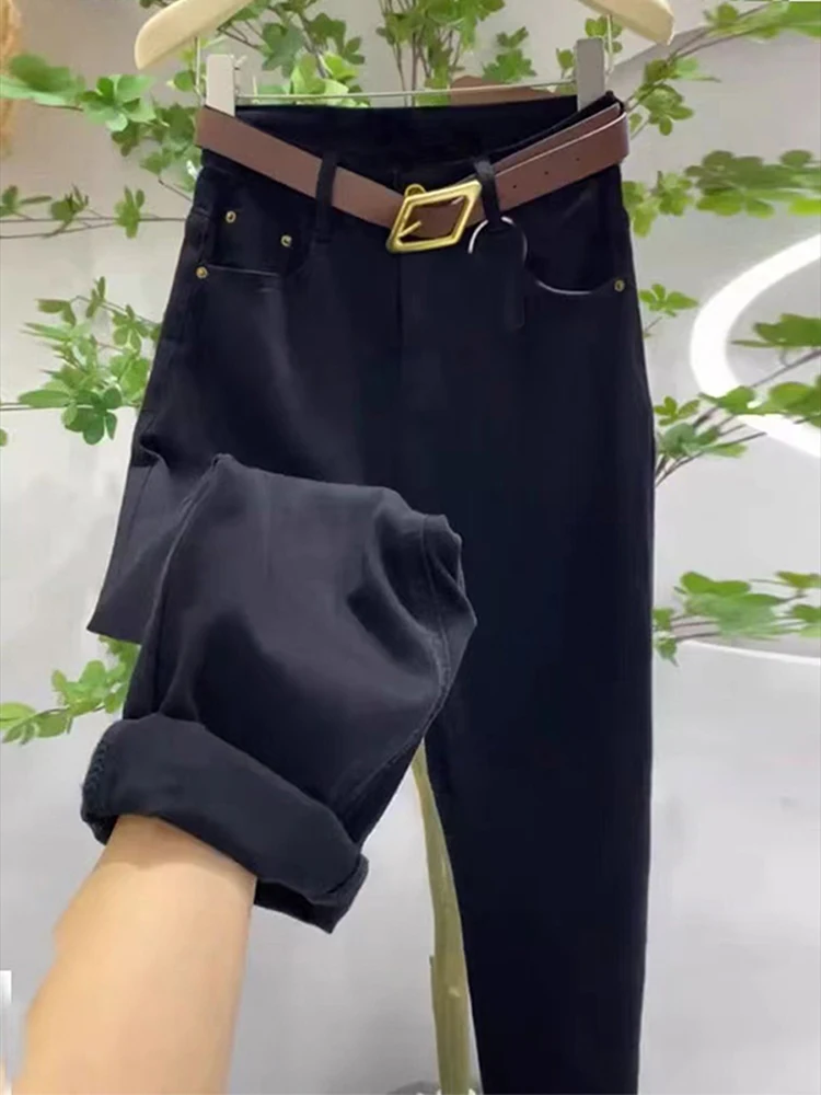 Elástico de cintura alta perna reta jeans feminino primavera e outono cor sólida versátil nove pontos harlan cenoura calças