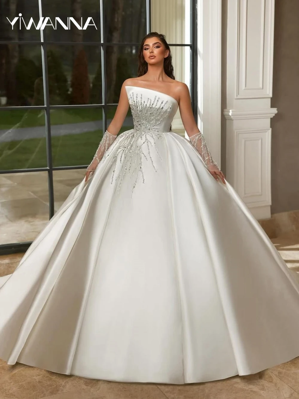 Elegante kralen strapless satijnen baljurk lange trouwjurk sexy mouwloze bruidsjurk op maat gemaakte lovertjesjurken voor de bruid