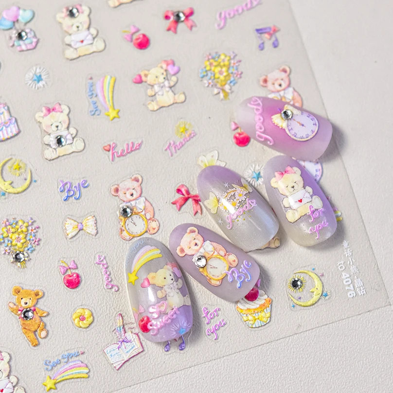 Cute Bear Flower Cake Moon Rhinestones Unicorn Cat Bunny Bow Swan Heart Balloon Embossed Relief Nail Art Sticker Manicure Decal