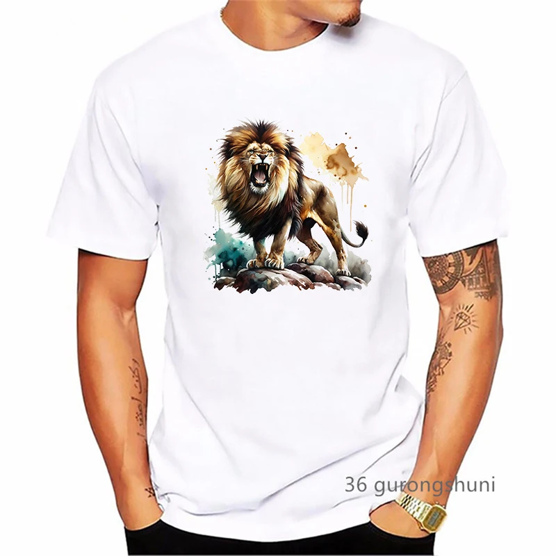 

Watercolor Lion Animal Printed Tshirt Men Summer Fashion Short Sleeve T-Shirt Homme Harajuku Kawaii Clothes T-Shirt Tops