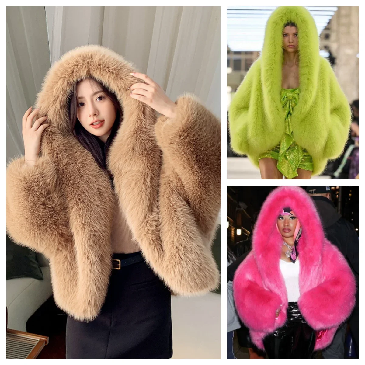 Women Faux Fur Coat Fashion Warm Winter Furry Long Sleeve Hooded Female Coats Loose Fluffy Short Fur Jacket Ladies Outwear