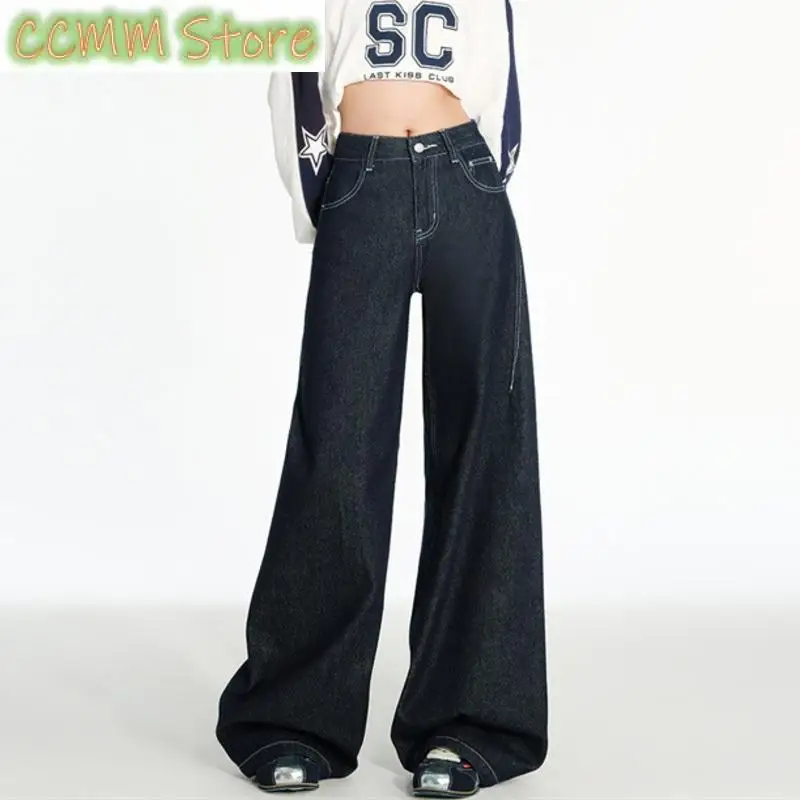 جينز نسائي واسع الساق فضفاض ممتد الطول عالي الخصر جينز مستقيم ملابس الشارع الشهير جينز نسائي أحمر أزرق ربيع الخريف