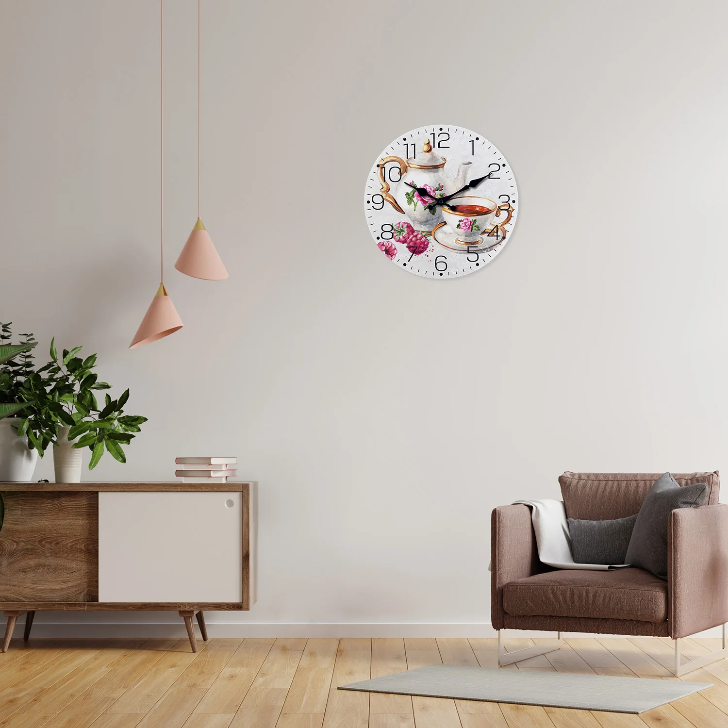 French Retro Teapot and Teacup Pattern Wooden Wall Clock for Living Room, Bedroom, Kitchen, Home Decoration, Silent Quartz Clock, Holiday Gift, 10