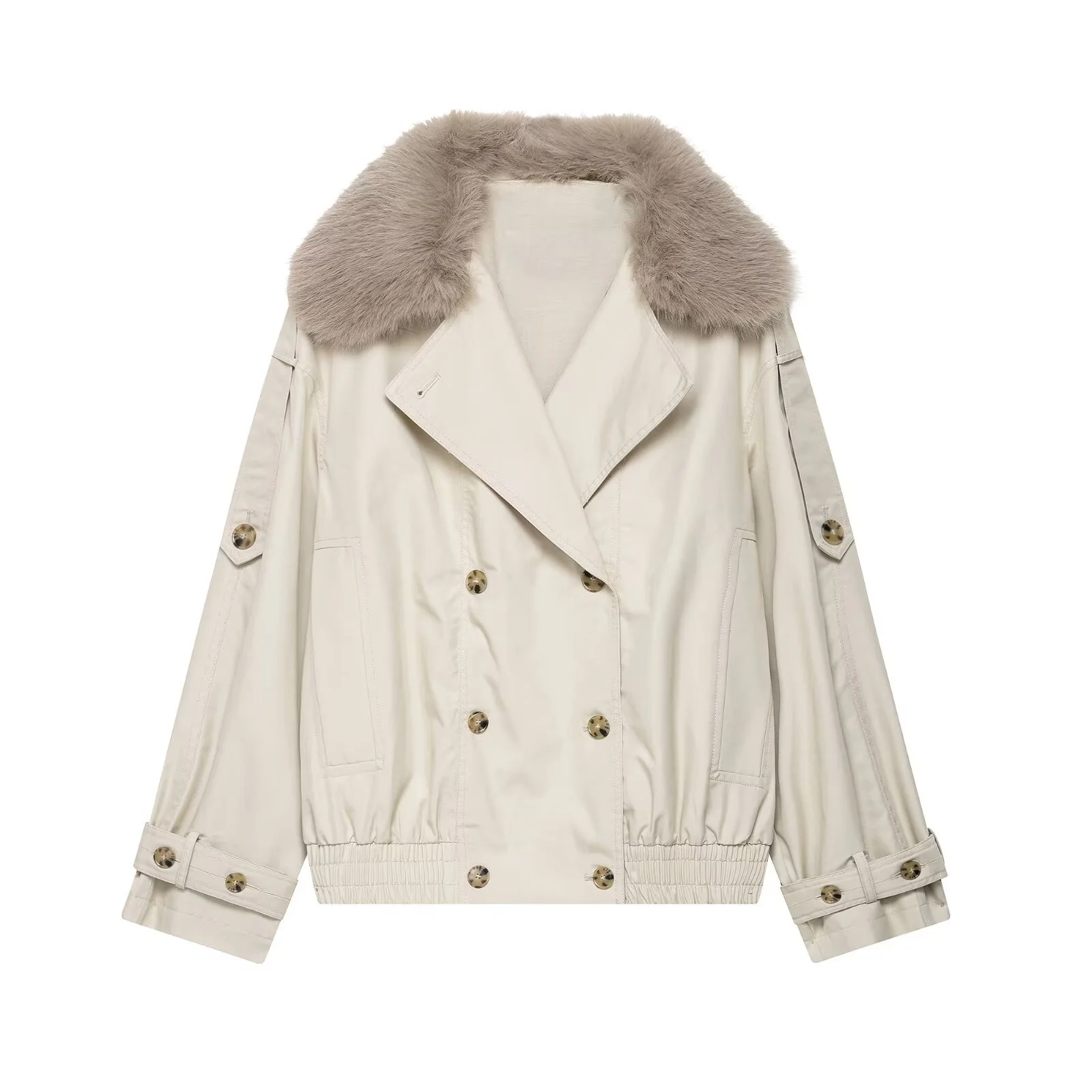 

BSK&TRAF2025 autumn new women's casual fashion simple short fur splicing double-breasted short windbreaker jacket