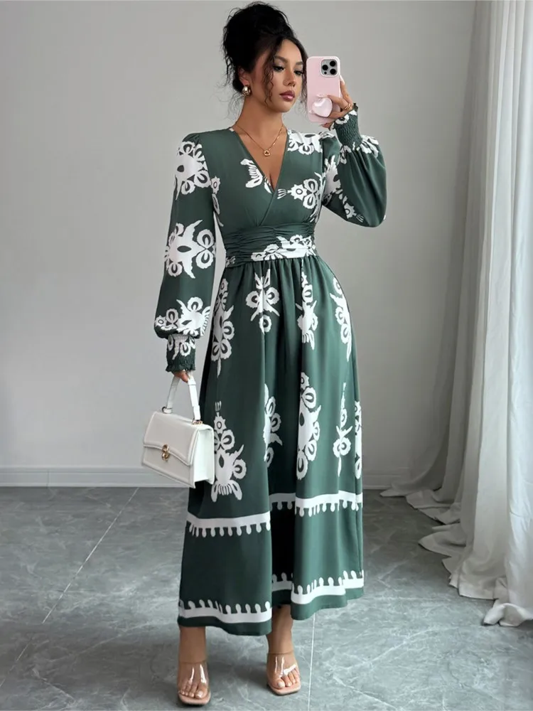 

Women's Sweet Dress New Spring Autumn Latest Elegant Printed V-Neck A-Line Dress Long Dresses Long Sleeve Vestidos Para Mujer
