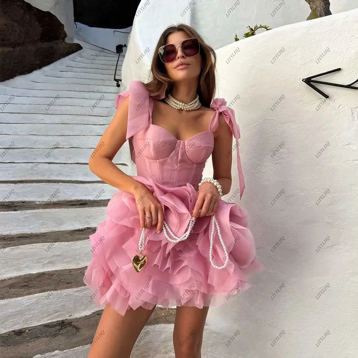 LIYYLHQ Trendy Pink Sexy Mini Prom Dress Organza Fashion New Ruffled Birthday Party Dresses Sleeveless Cocktail Dresses Robes de