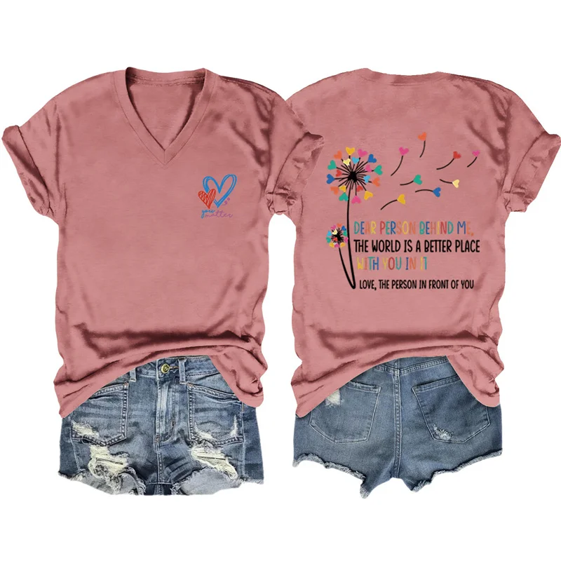 New fashion trend cotton women's dear person behind me front and back printed V-neck short-sleeved T-shirt