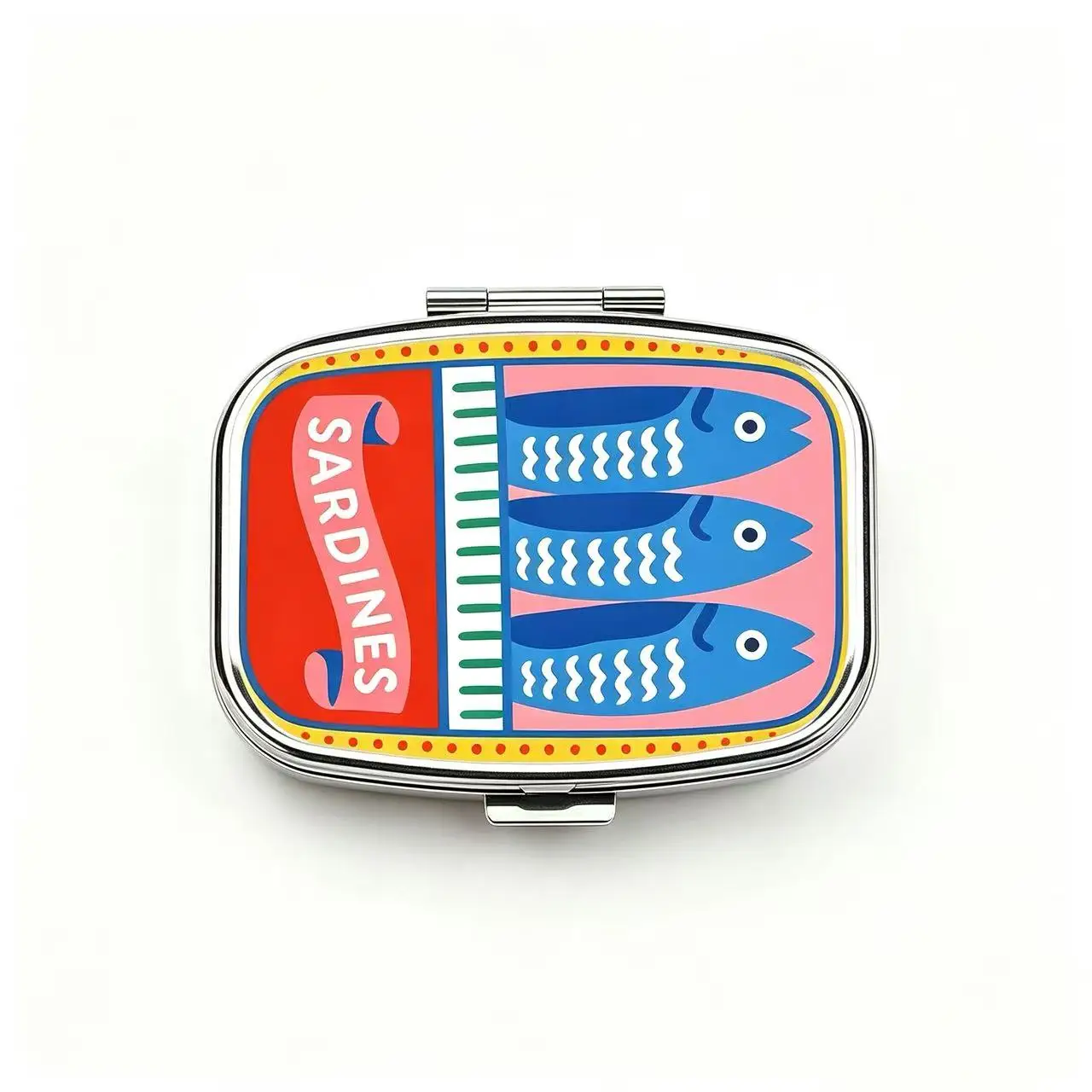 2 Compartments Metal Pill Box, Retro Sardines Fish Print Portable Pocket Pill Case, Mini Travel Medicine Storage Container