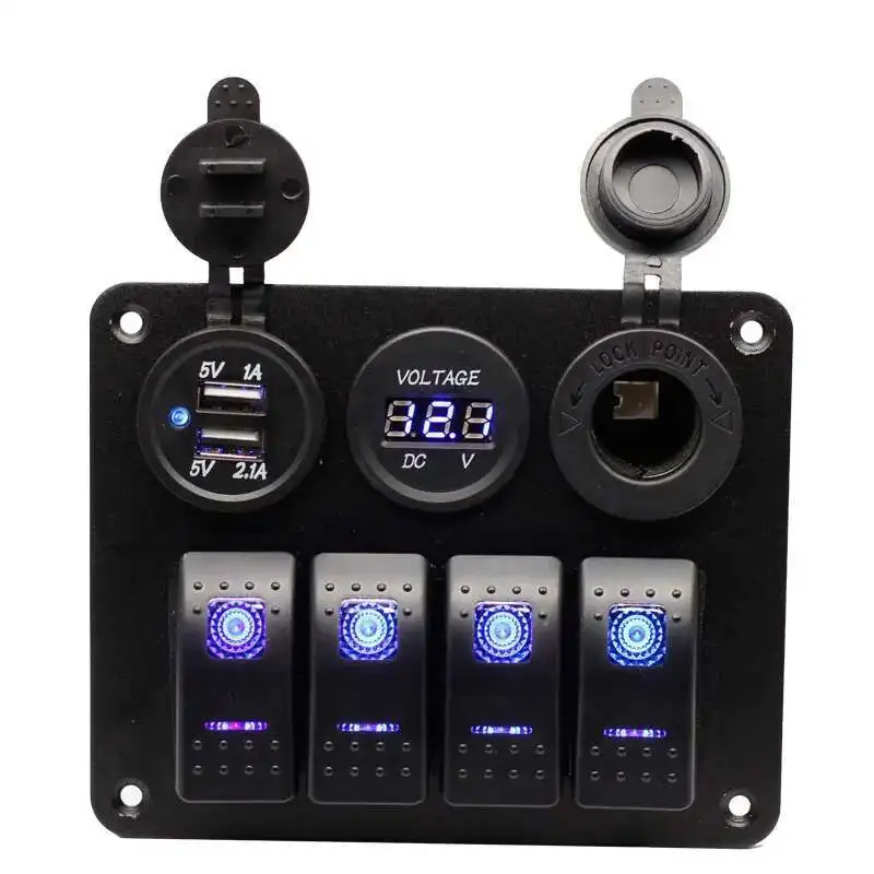 

4 Gang Rocker Panel ON Off LED Light Switch With 3.1A USB Digital Voltmeter Cigarette Lighter Socket