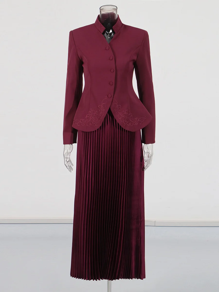 

Elegant Embroidered Suit Jacket And Half Skirt Two-Piece Set Women's Fashion Autumn Wear Style High Waist Polyester