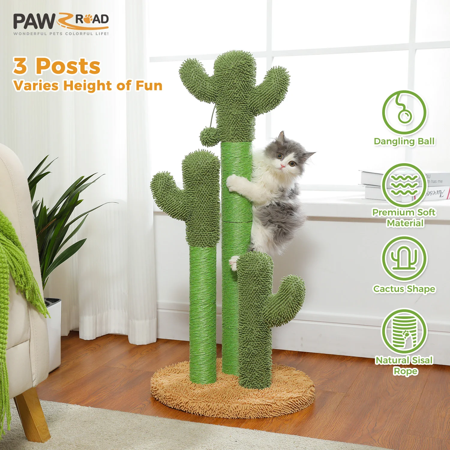 Cat Scratching Post with 3 Natural Scratching Poles and Interactive Dangling Ball, Cactus Cat Scratcher for Indoor, Cat Toys