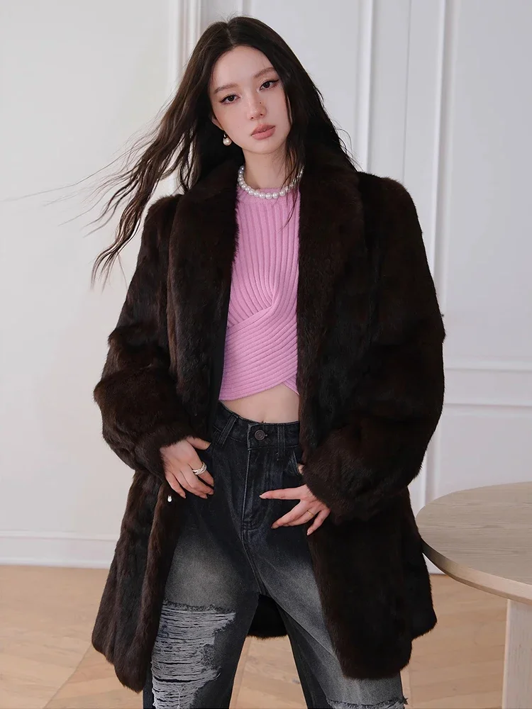 

Luxury Long Natural Rabbit Fur Fur Coat for Women 2024 New High-end Vintage Lapel Simple Winter Real Fur Jacket