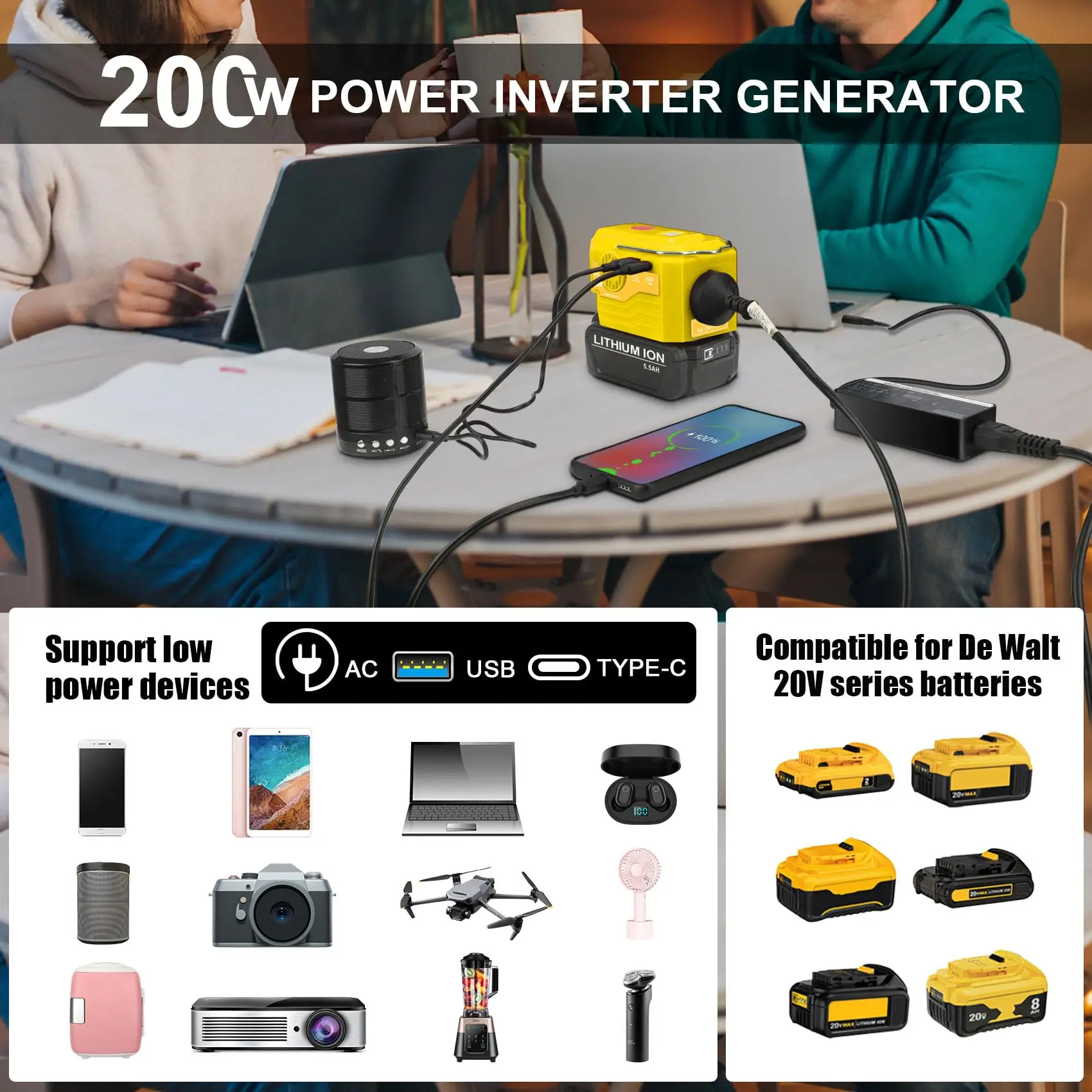 

200W Power Inverter for Dewalt 20V Battery,DC 20V to AC 110-120V Battery Inverter,Portable Power Supply Inverter with AC Outlet