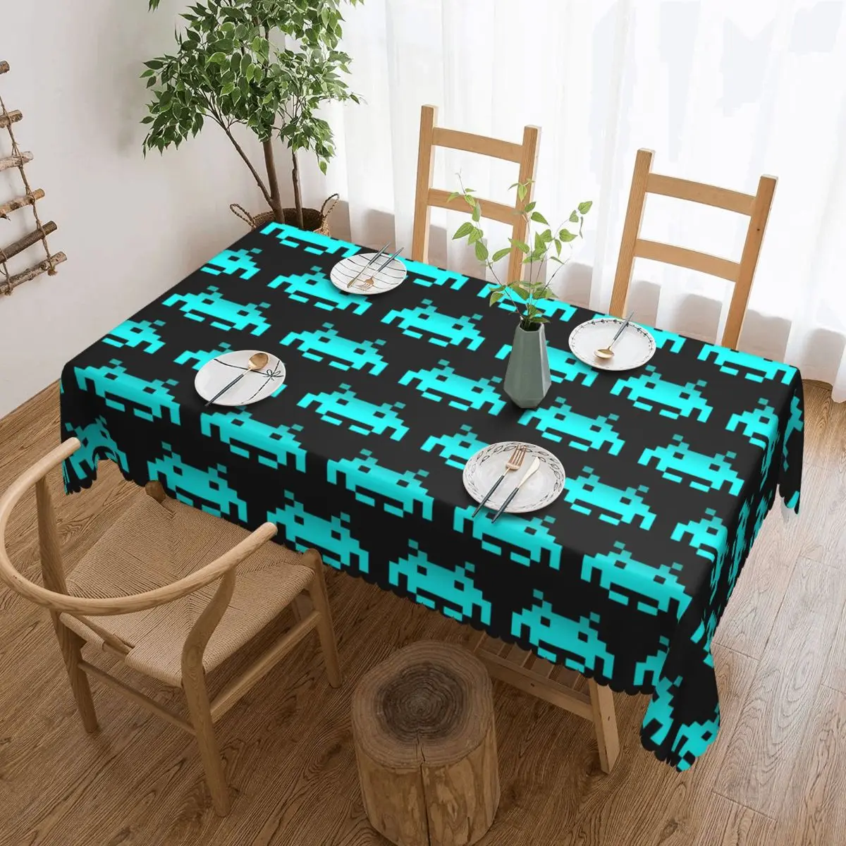 Retro Game Space Invaders Black Custom Rectangular Tablecloth Oilproof Table Cover for Dining Events Table Cloth