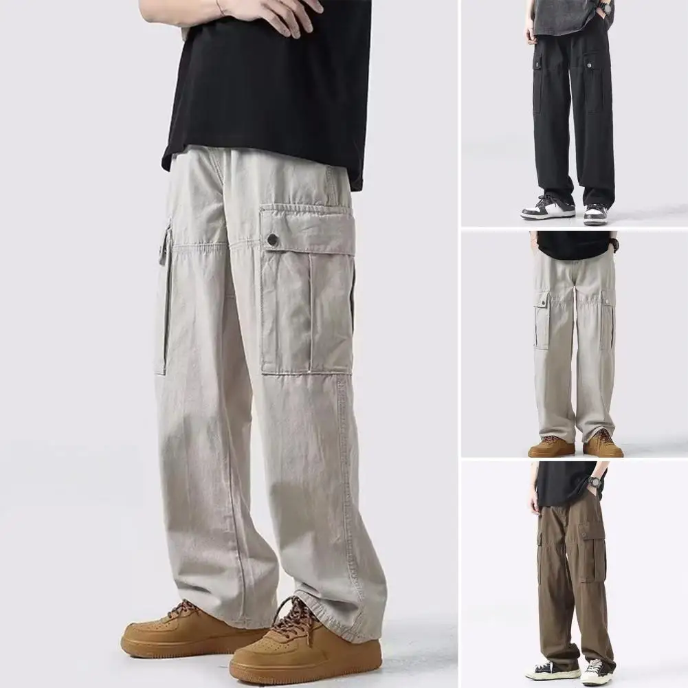 Solid Color Pants Durable Men Pants Retro Wide Leg Cargo Pants with Multi Pockets for Men Breathable Streetwear Trousers Solid