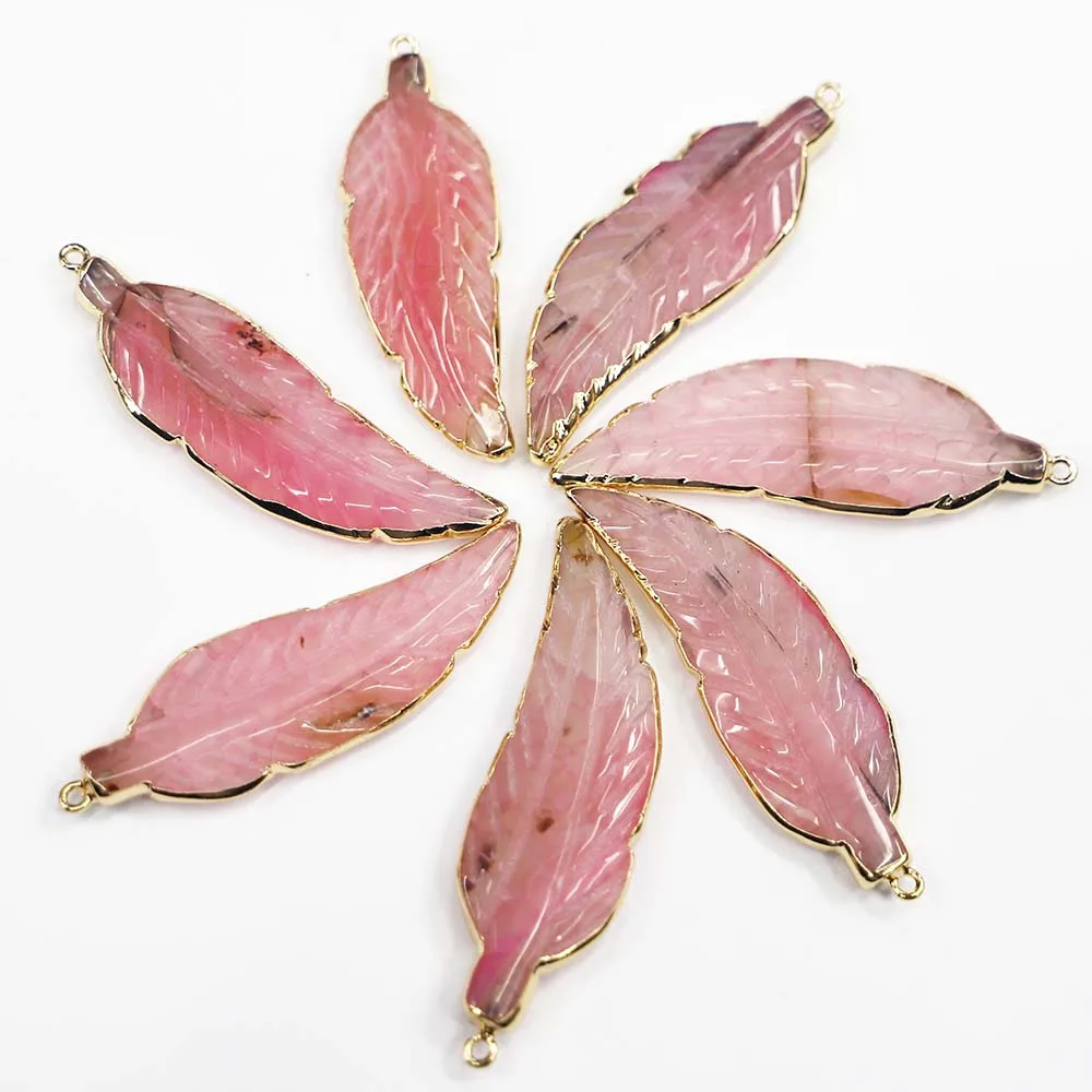 Free Shipping Natural Stone Pink Leaf Pendant Ethnic Style Carving Feather Shape Jewelry Fashion Accessories Wholesale 5Pcs/Lot