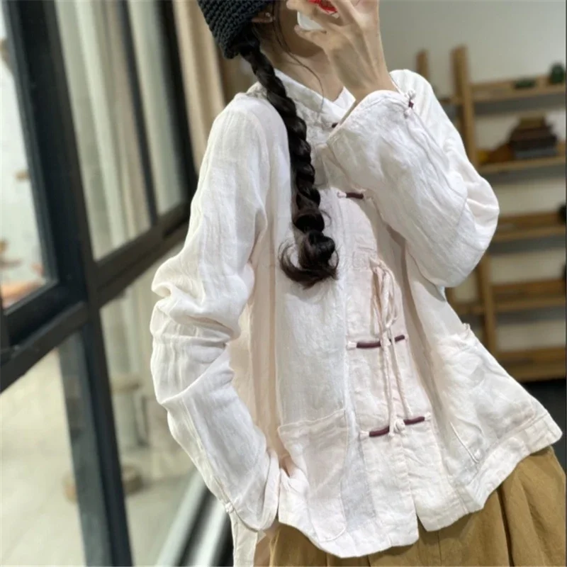 Podstawowa lniana bluzka w stylu retro damska moda Design klamra sznurowana koszula wszechstronna z długim rękawem solidny damski kardigan topy jesień