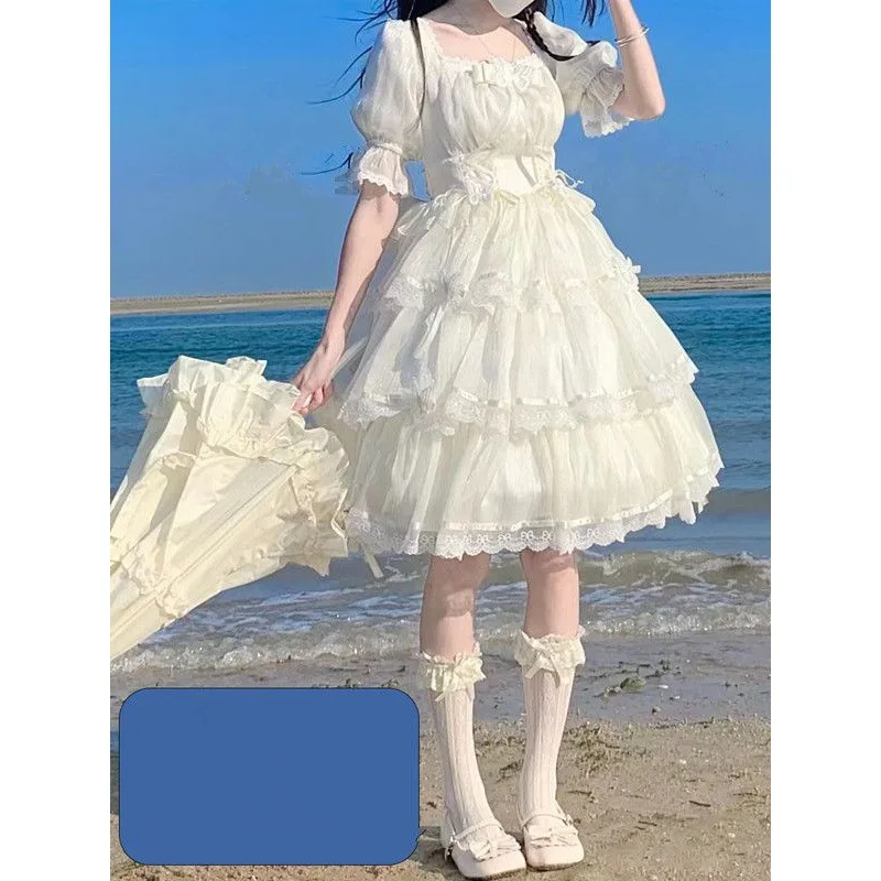 Japanese Sweet Lolita Dress Summer OP Fairy Birthday Dress Cos Flower Wedding Loli Tea Party Short Sleeve Cute Girl Clothing