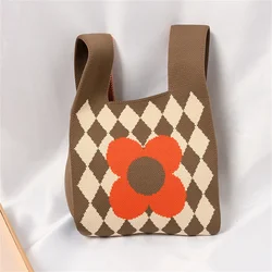 Geometric Flower Knit Handbag Women Korean Casual Plaid Wrist Bag Foldable Eco Shopping Bag Reusable Grocery Storage Tote Bag