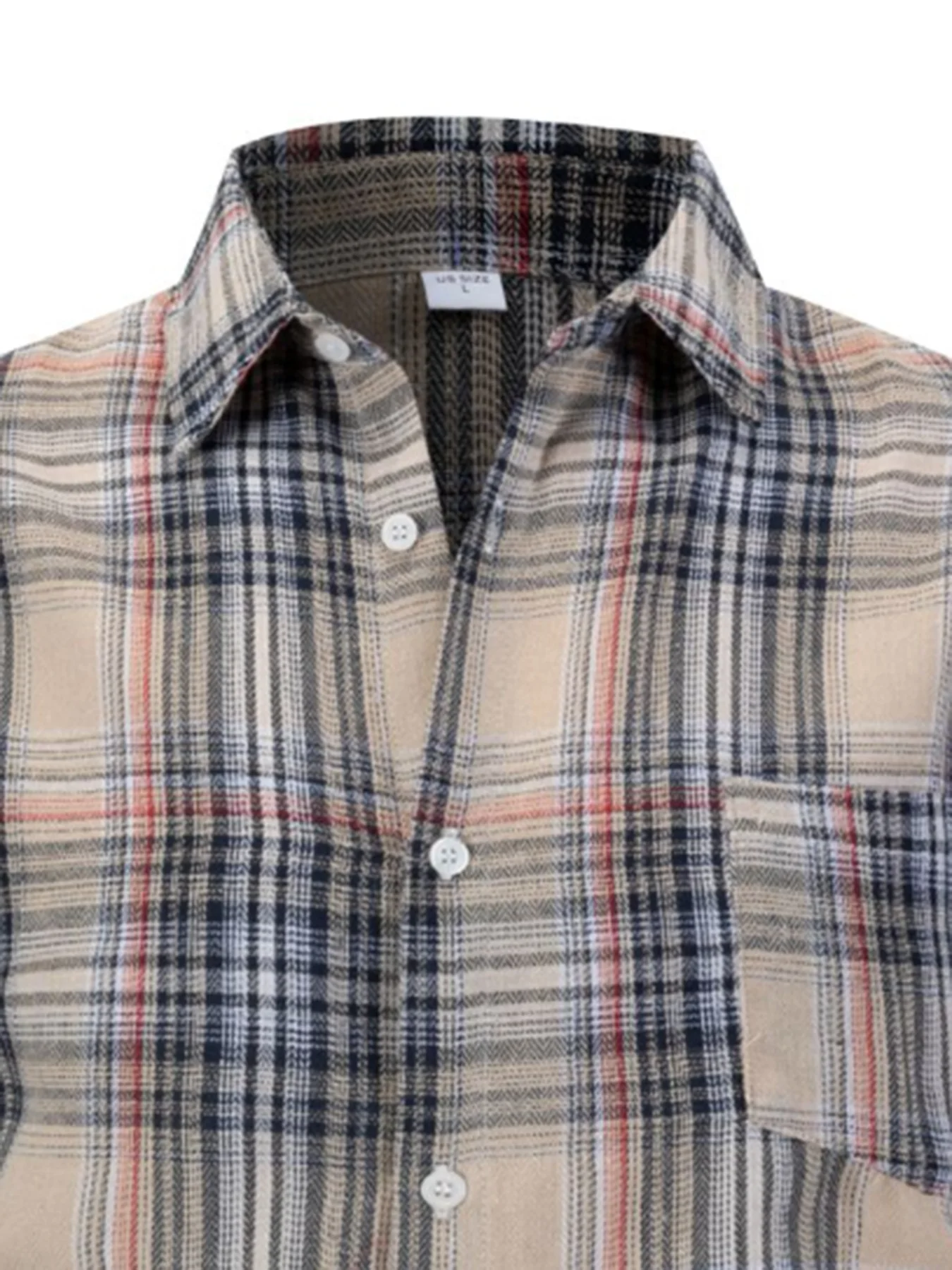 Men's Vintage Light Khaki Mixed Plaid Long Sleeve Shirt, Loose Straight Fit Button Down With Chest Pocket, Wear Alone Or Layer F