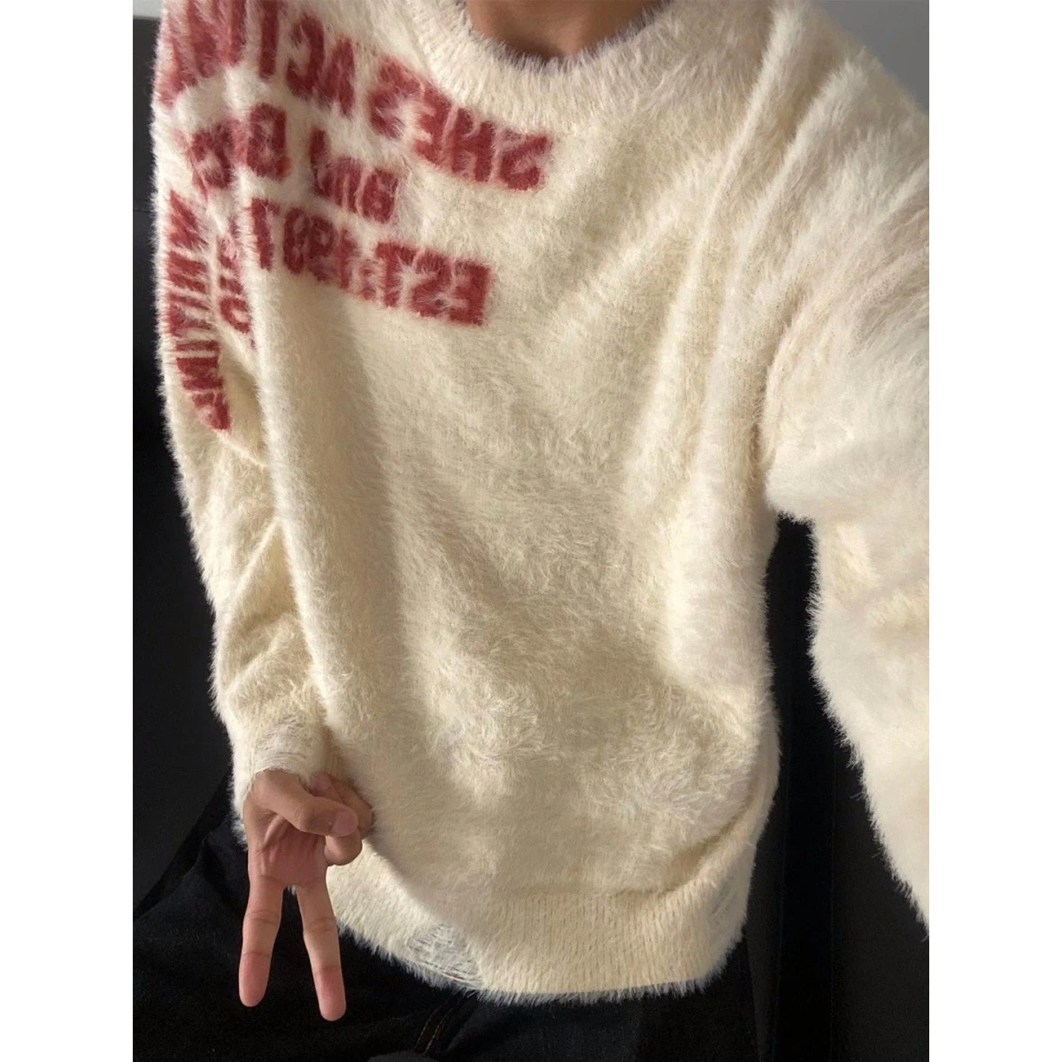 

American Sle Loose Knitted Sweater Autumn Winter Brued Fur Simulation Letter Pattern Soft And Comfortable Couple Sweater