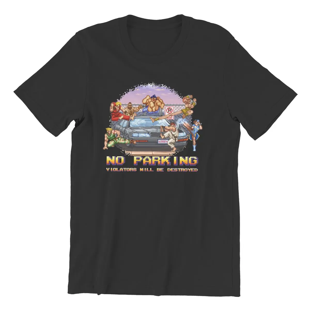 No Parking Violators Will Be Destroyed Street Fighter  T Shirt Men\'s Cotton Novelty T-Shirt 8bit Pixel Art Tees Tops New Arrival