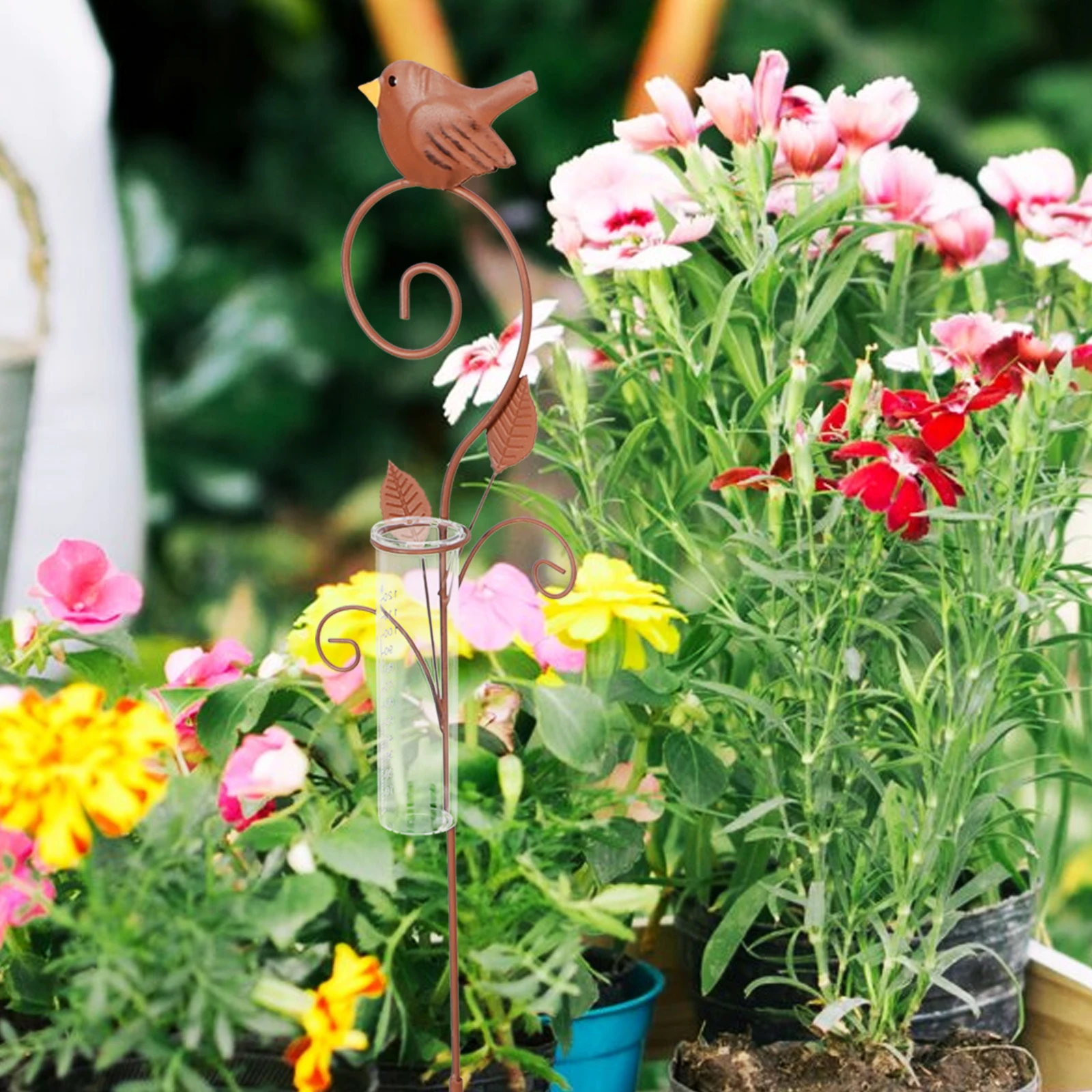 

Retro Flower Insert Rain Gauge Iron Stake Fence Decorative Garden Fall Country Outdoor Precision Measurer Vintage Bird Planter