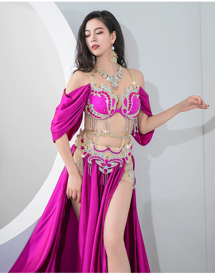 Egyptian Belly Dance Costume Competition Oriental Dance Rhinestone Beaded Bra Belt Satin Maxi Skirt